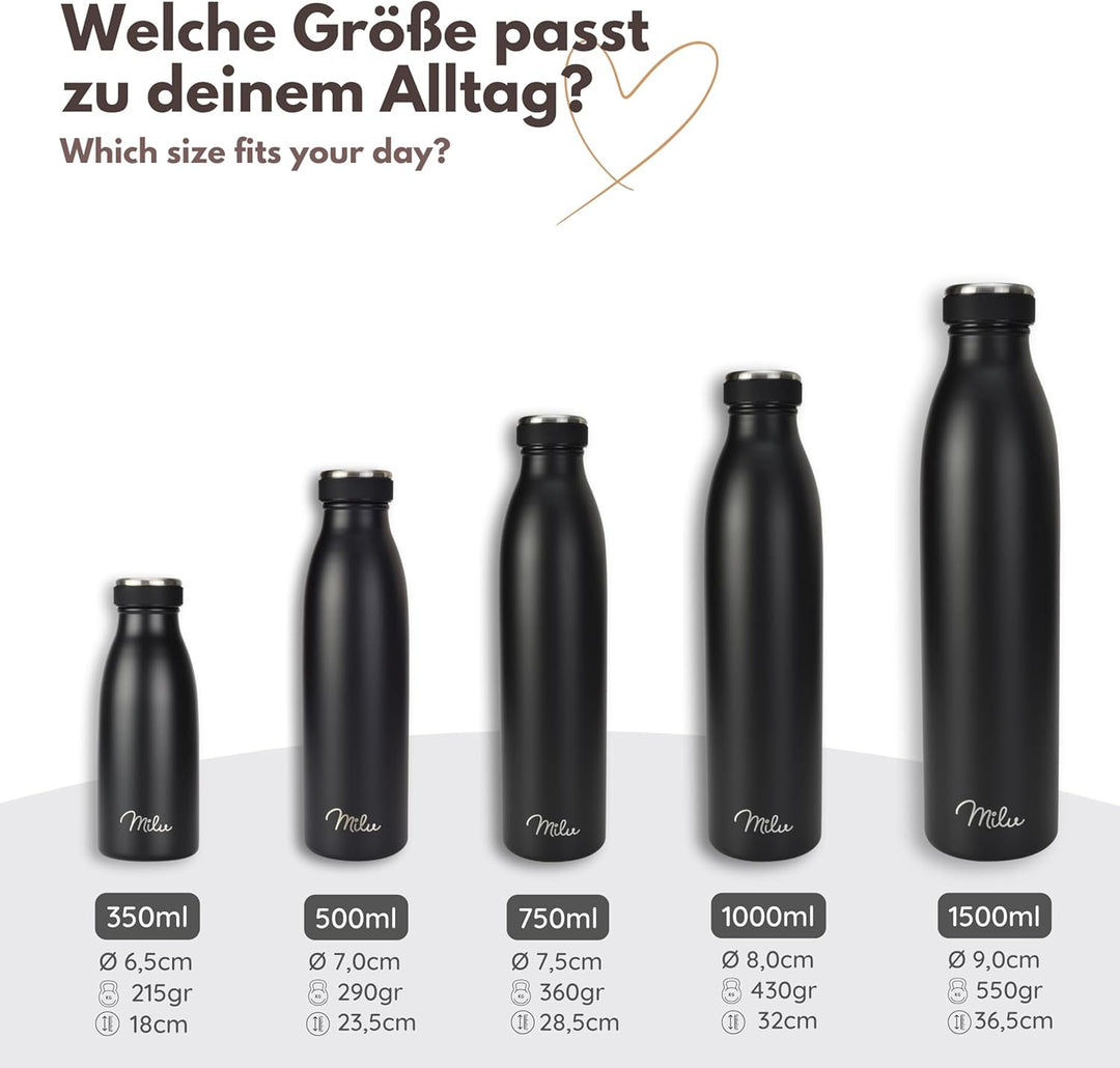 Milu Edelstahl Trinkflasche 350ml, 500ml, 750ml, 1000ml, 1.5L – Thermosflasche, Isolierte Wasserflas
