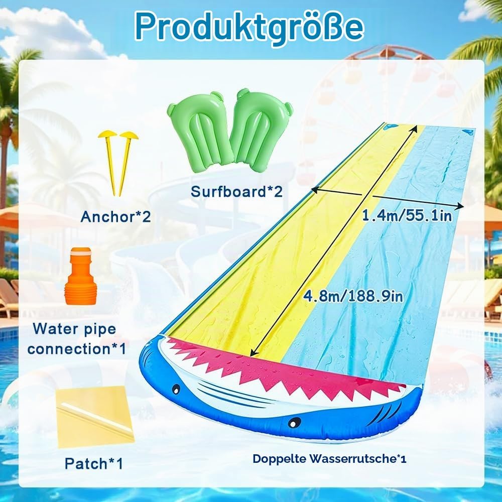 Wasserrutsche Garten Für Kinder, 480x140 cm Doppelrutsche Mit Eingebautem Sprinkler, Double Water Sl