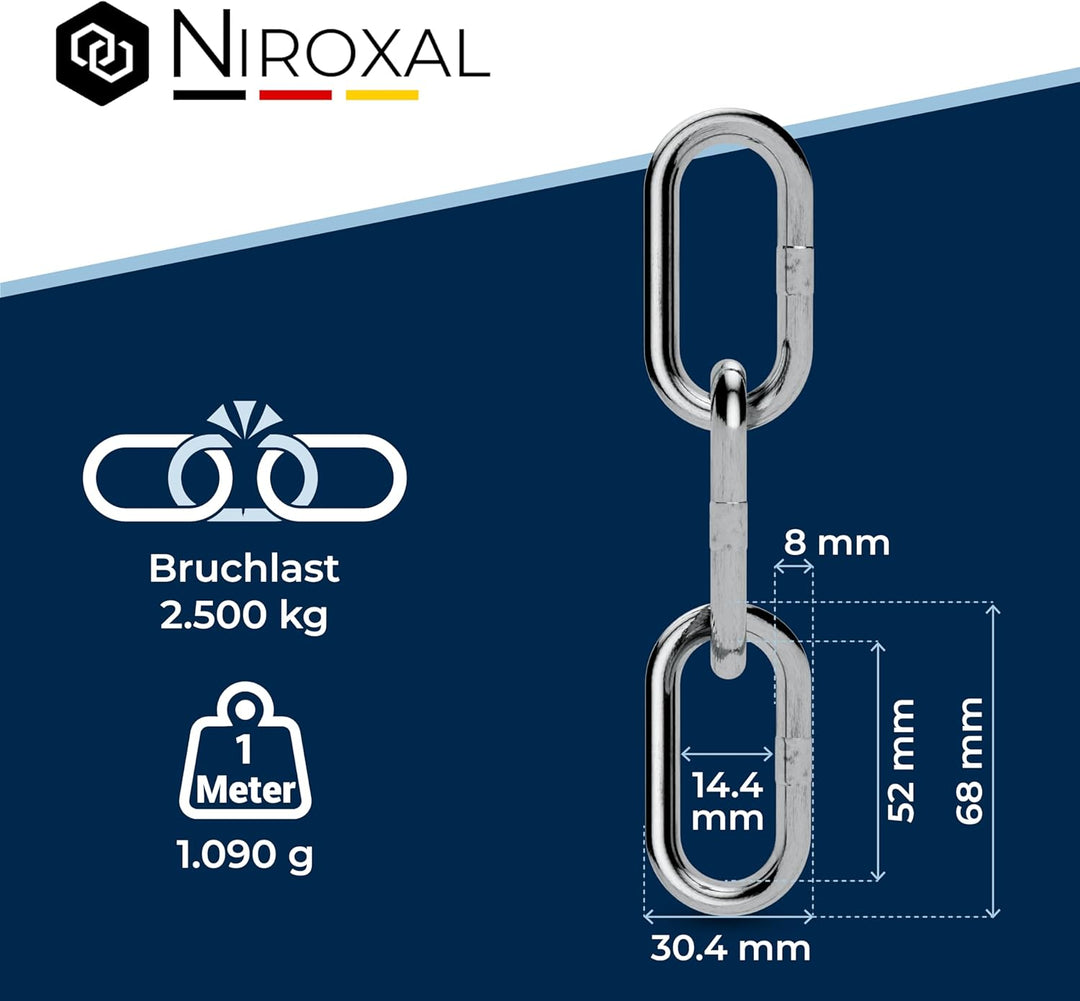 Edelstahlkette V4A A4 langgliedrig DIN 763 / DIN 5685 – 8 mm x 1 m – 2 Stück – für schwere Aufhängun