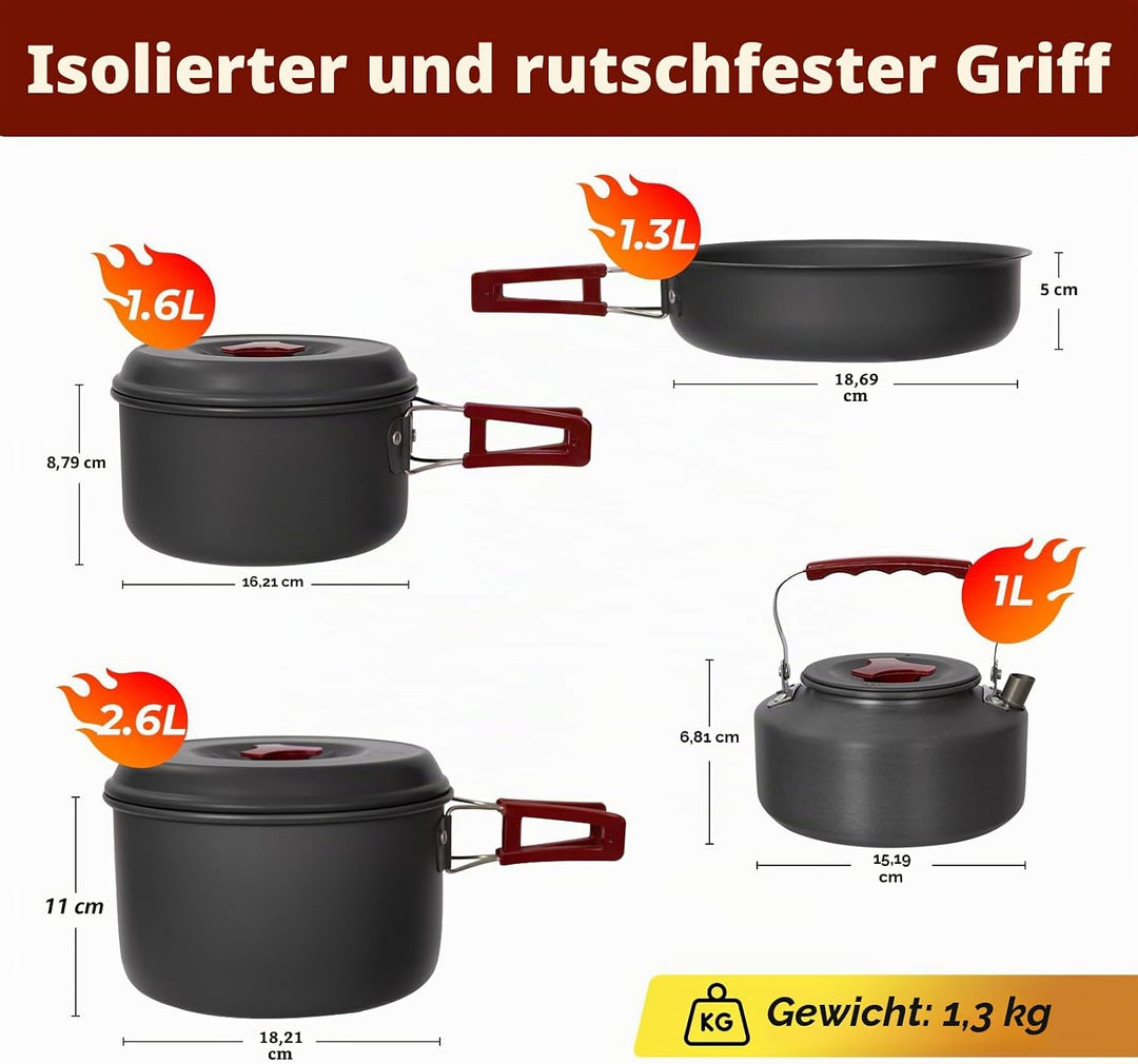 Bulin Camping Kochgeschirr Set,Outdoor Camping Kochset Aluminium,Camping Töpfe und Pfannen für 1-2-4