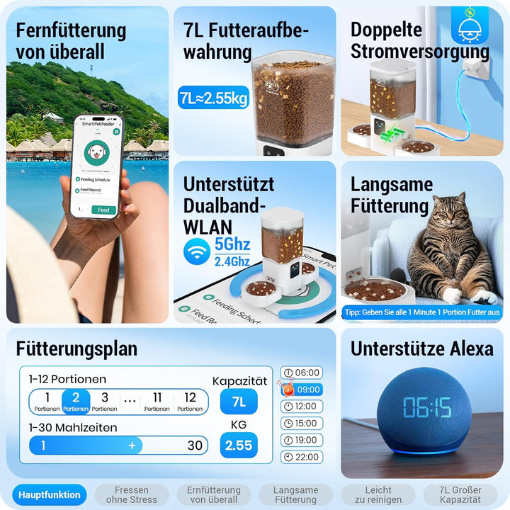 Frienhund 7L Futterautomat Katze für 2 Näpfe mit APP mit 5G-WLAN Weiss, Weiss