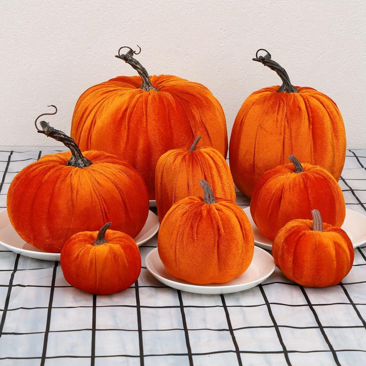 Gresorth 8 Stück Sortiert Gefälscht Handgefertigt Orange Samt Kürbisse Künstlich Herbsternte Hallowe