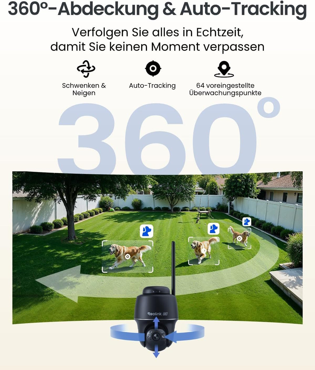 Reolink 4K Überwachungskamera Aussen Solar, 360°/140° Schwenk-/Neige, Auto-Tracking,4K-Live-Ansicht