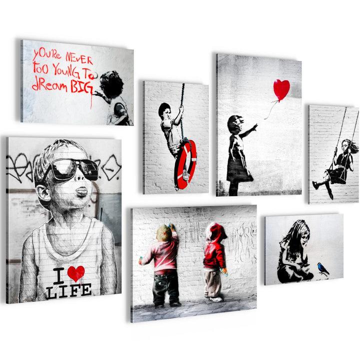 Novart Wandbilder Banksy Collage - KOMPLETT AUFHÄNGFERTIG - Street Art Wohnzimmer Büro- 7 Moderne Mo