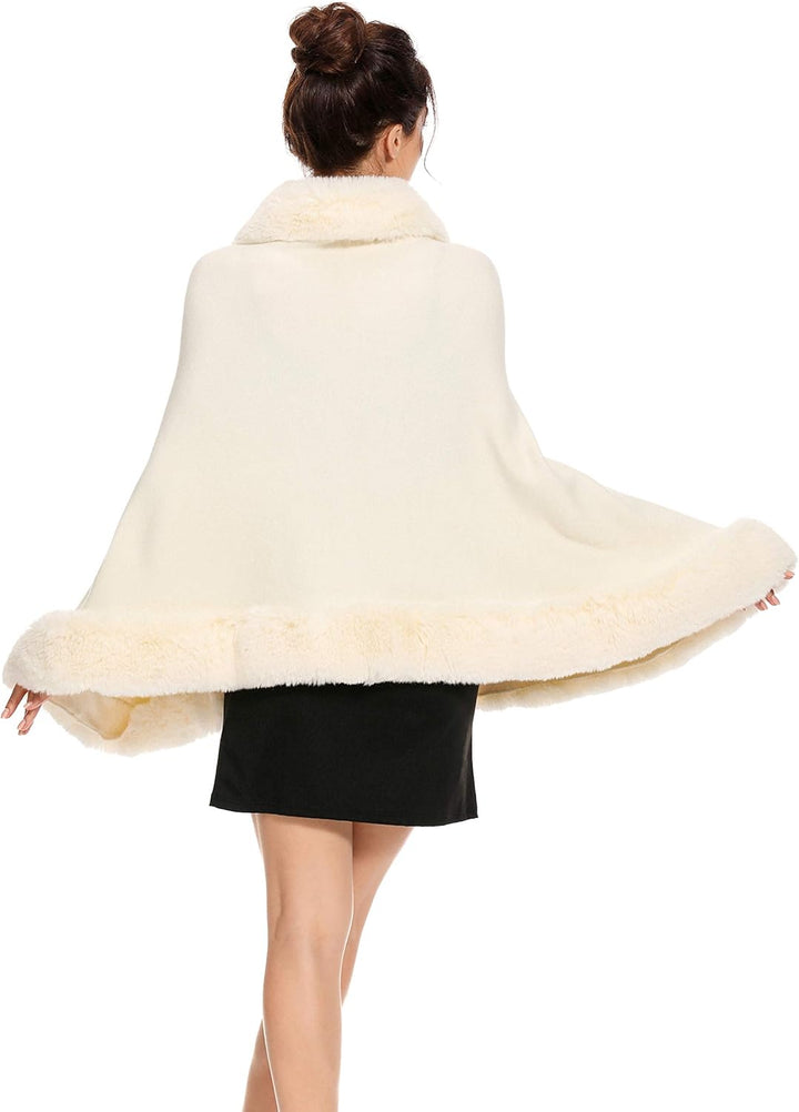 ZLYC Damen Winter Kunstpelz Poncho Cape Strick Schal Stola Warm Cardigan Beige, Beige
