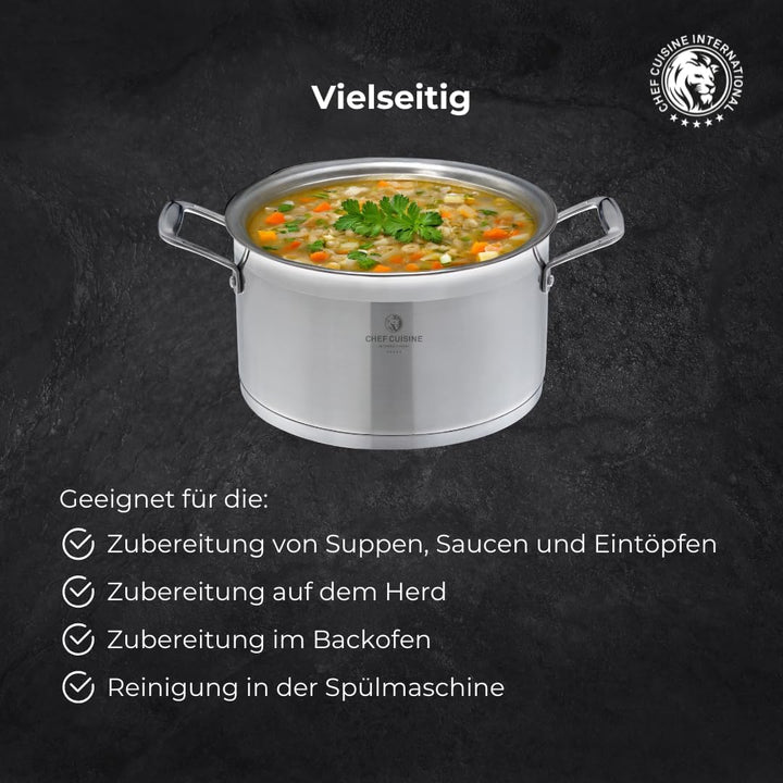 CHEF CUISINE Topfset, 3-tlg., Ø 16/20/24 cm, Glasdeckel, Gratis Topf-Untersetzer, Edelstahl, Alumini