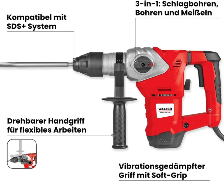 WALTER Bohr- und Meisselhammer 1500 W, optimales und leichtes Arbeiten durch vibrationsgedämpften Ha