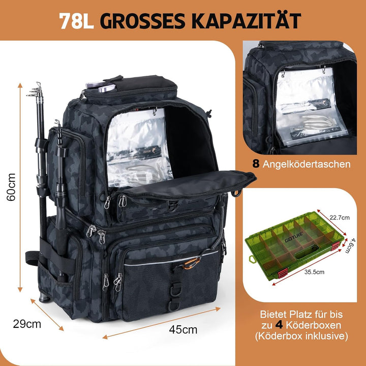 Goture Doppelstöckiger Angelrucksack mit 4 Köderbox Angeln – 78L wasserdichte Angelgerätetasche mit