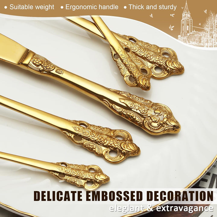 BEWOS 30 Stück Gold Palast Besteck Set, Hochwertig Edelstahl Besteck, Geprägte Design-Griffe, Banket