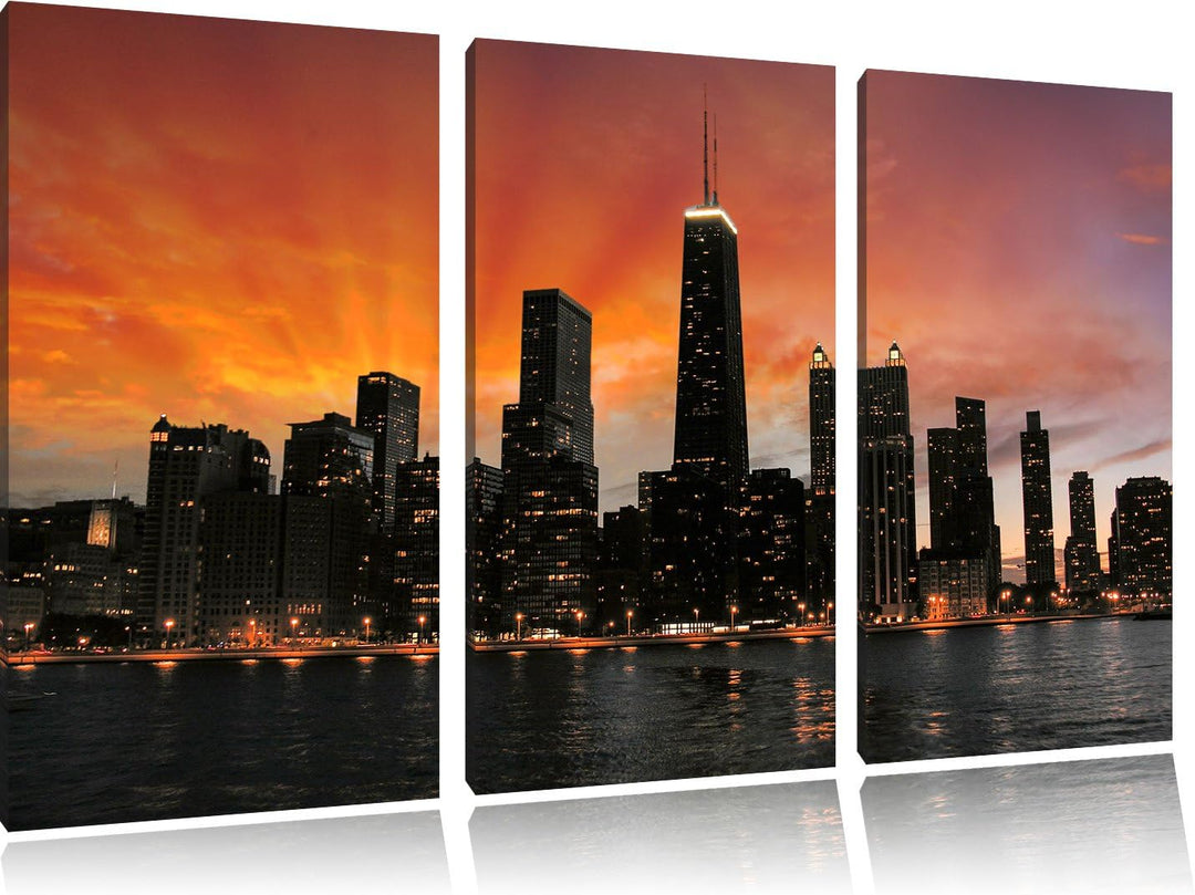 Pixxprint Chicago-Wolkenkratzer-Silhouette als Leinwandbild/Grösse: 3 Teilig (120x80) / Wandbild/Kun