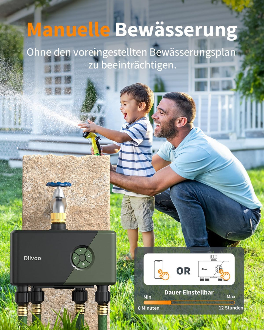 Diivoo WLAN Bewässerungscomputer 4 Ausgänge, Wasserzeitschaltuhr Gartenbewässerungssystem, Zeitschal