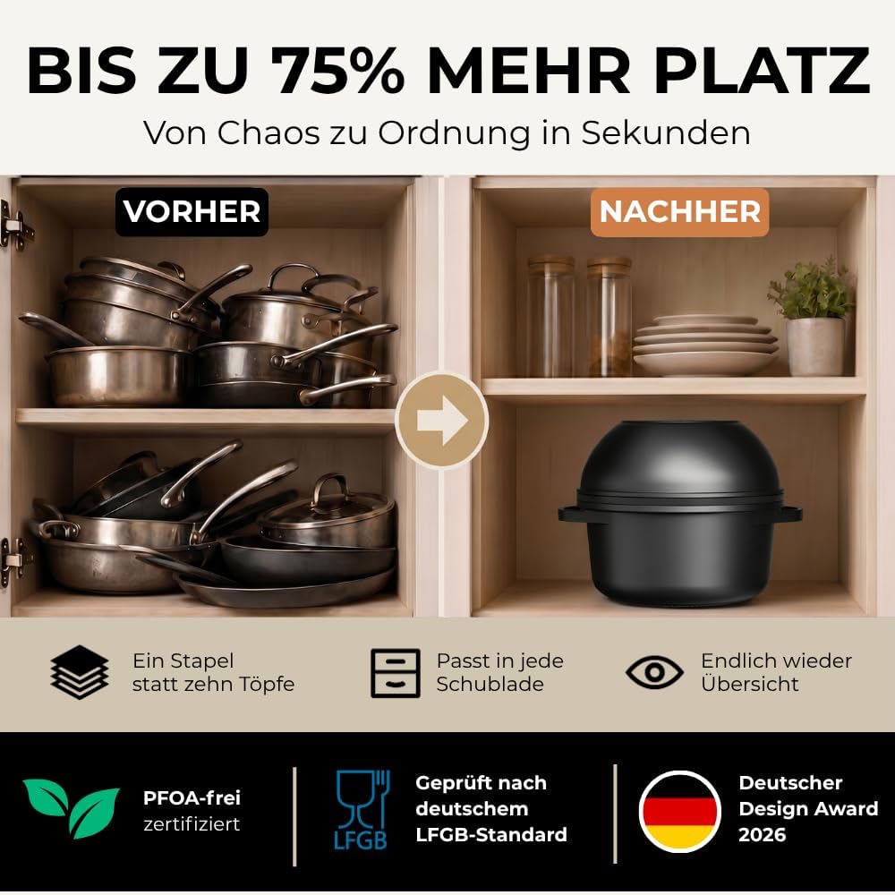 Essential Topf und Pfannenset 8-teilig Induktion, Abnehmbarer Griff, Stapelbar, Platzsparend, Backof