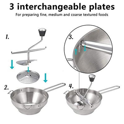 Passiergerät 20 cm Food Mill mit 3 austauschbaren Lochscheiben Passiermühle aus Edelstahl für Tomate