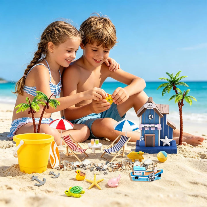 24 Stück Mini Strand Deko Set, Miniatur Deko Miniatur Strandlandschaft Zubehör mit Palme, Liegestuhl