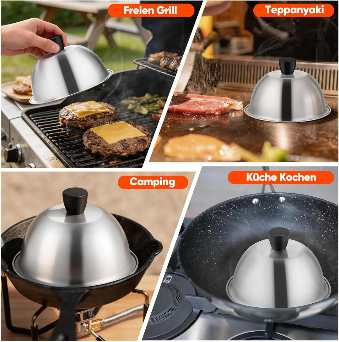 Herogo Burgerglocke, 4 Stück Edelstahl Burger Glocke mit Hitzebeständig Griff, 15,3x9 cm Metall Gril