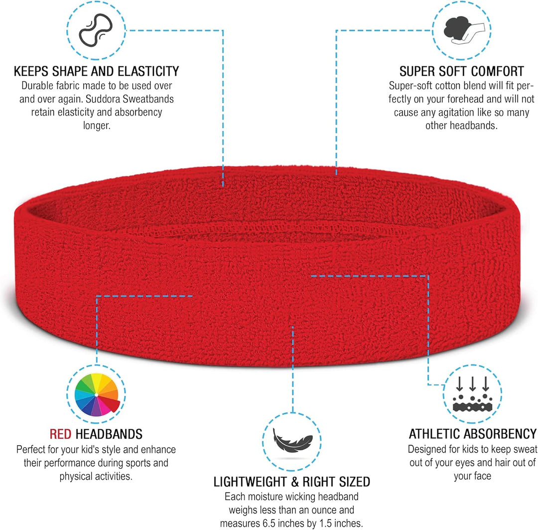 suddora Haarband Athletic Baumwolle Frottee Head Schweissband für Sport rot - rot, rot - rot