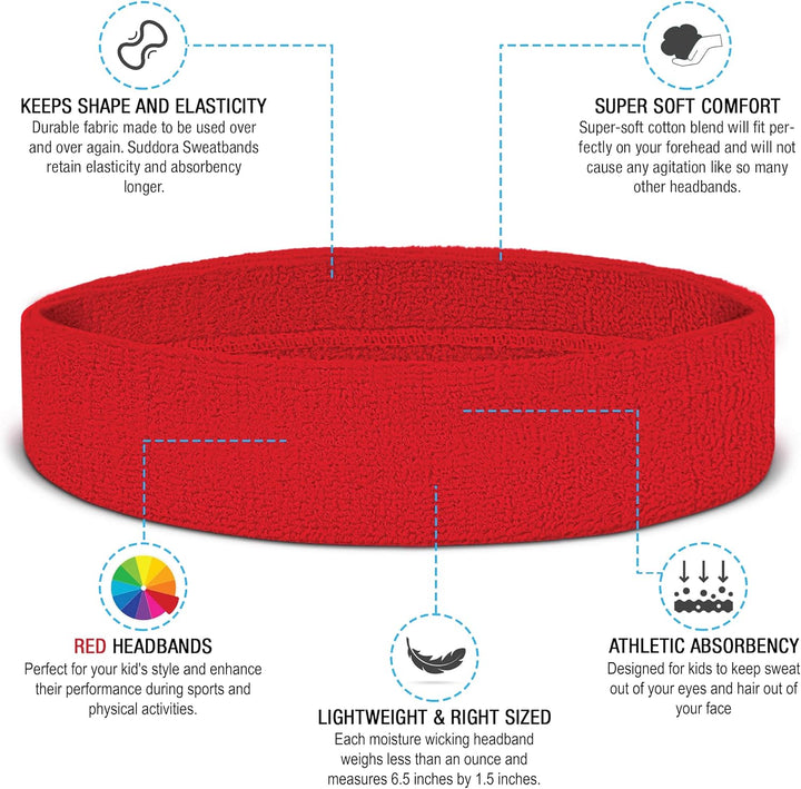 suddora Haarband Athletic Baumwolle Frottee Head Schweissband für Sport rot - rot, rot - rot