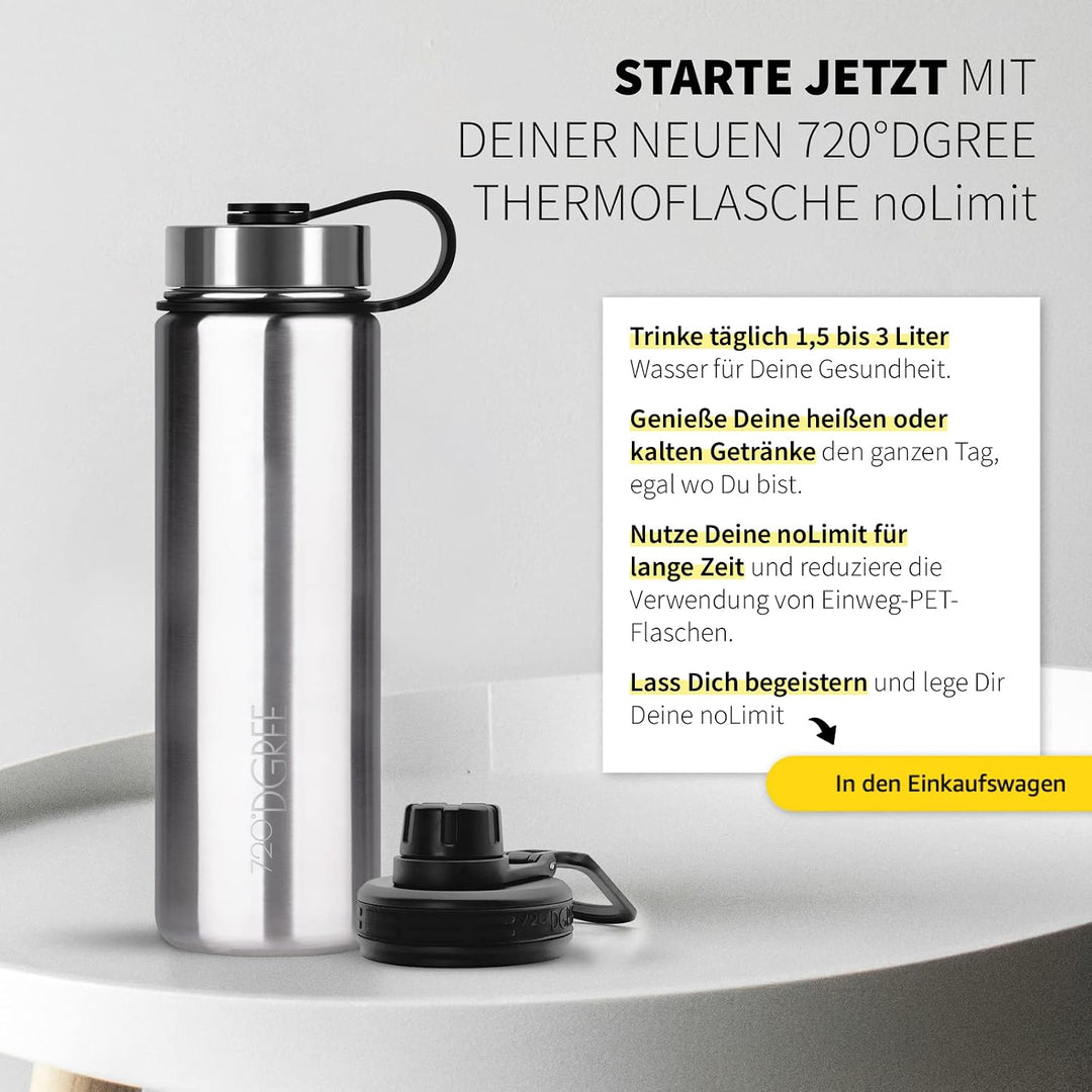 720°DGREE Edelstahl Trinkflasche “noLimit” - Auslaufsicher, Kohlensäure geeignet, BPA-Frei - Thermos