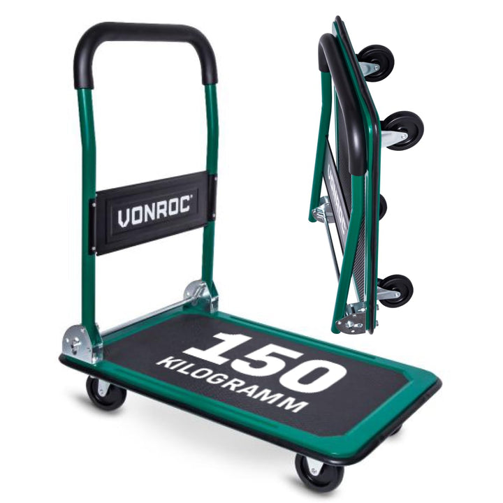VONROC Transportwagen klappbar 150kg - Plattformwagen als Transporthilfe - Rollwagen mit Griff 150 k
