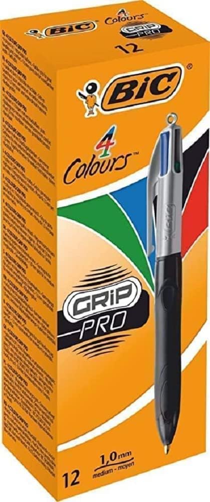 BIC 4 Farben Kugelschreiber Set 4 Colours Grip Pro, mit gummierter Griff-Fläche, 12er Pack & 4 Farbe
