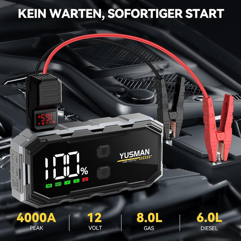 YUSMAN Starthilfe Powerbank, 4000A 12V Car Starthilfe Powerbank für 8L Benzin oder 6L Diesel, Tragba