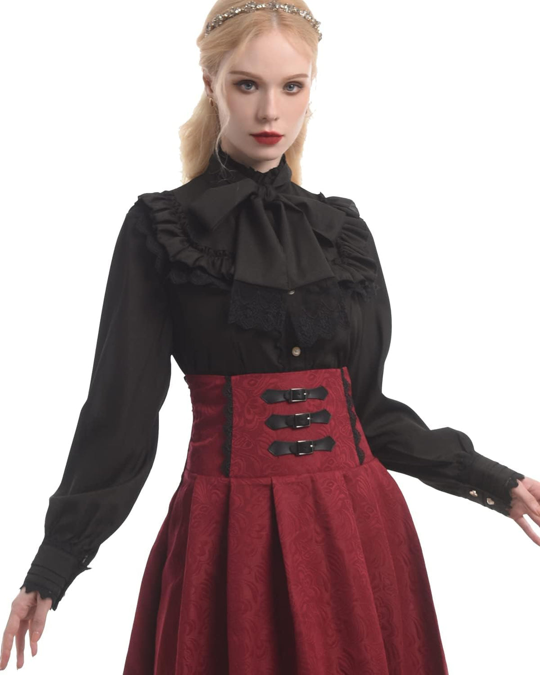 Fiamll Damen Viktorianisch Bluse Vintage Schleifenhemd Stehkragen mit Rüschen Langarmshirt Mittelalt