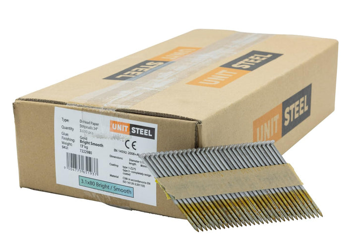 34° Halbkopf-Streifennägel - 3,1X80mm, 3.000 stück, Nägel für Druckluft-Nagler, D-Kopf, Glatt/blank,