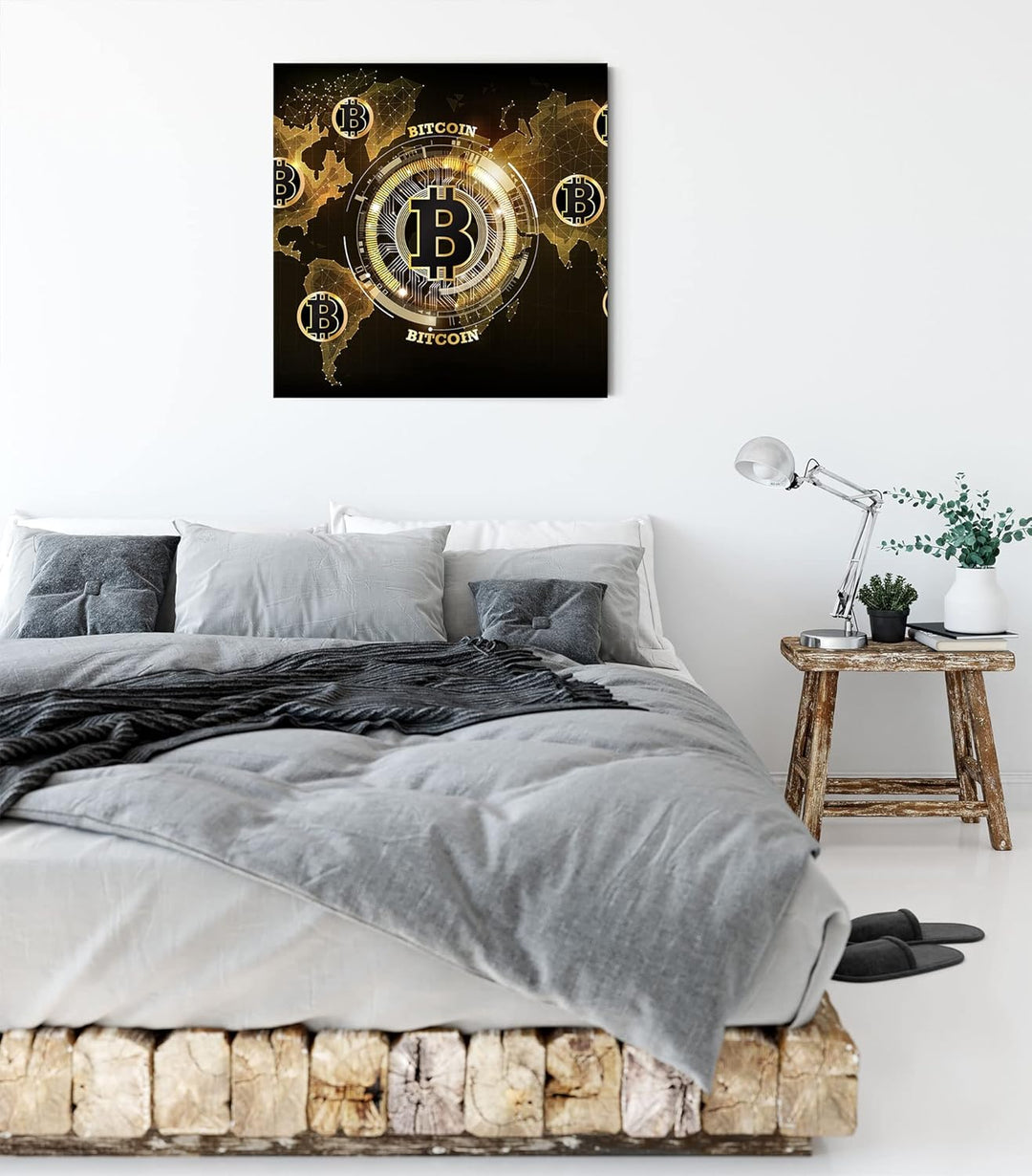 Pixxprint Weltkarte des Bitcoin BTC als Leinwandbild Quadratisch| Grösse: 70x70 cm | Wandbild | Kuns