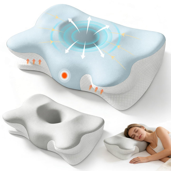 BOYUNSHI Nackenstützkissen aus Memory Foam, Ergonomisches Kopfkissen mit 2 kühlenden Waschbaren Bezü