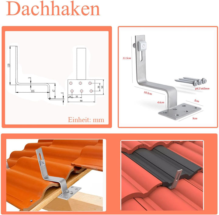 Photovoltaik Ziegeldach Befestigungssystem,Solar Alu Halterung Befestigung Schiene Dachhaken PV für
