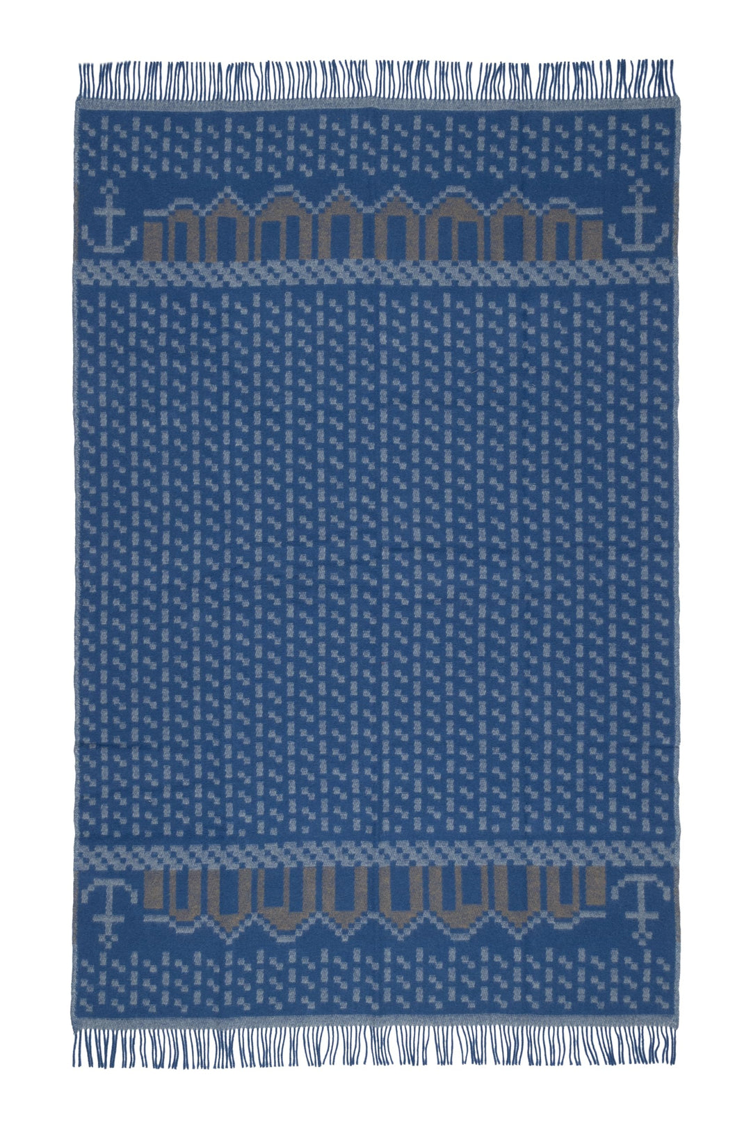 ÖJBRO VANTFABRIK "Skaftö Marin gewebte Wolldecke mit Fransen 130x220 cm blau/grau/beige 100% Merinow