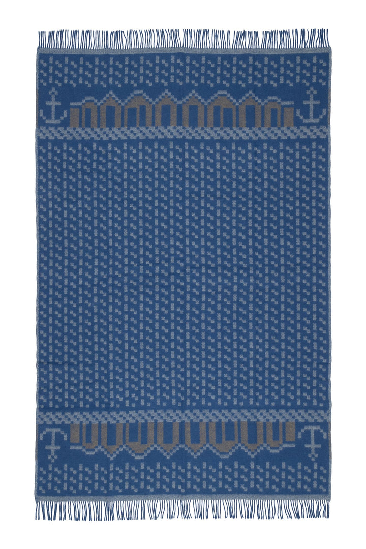 ÖJBRO VANTFABRIK "Skaftö Marin gewebte Wolldecke mit Fransen 130x220 cm blau/grau/beige 100% Merinow