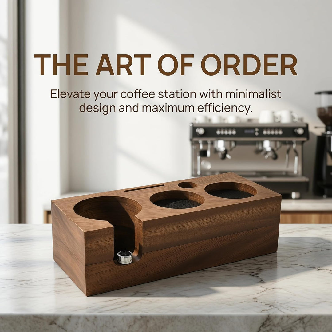 Tamperstation 58mm Espresso Tamping Station aus Walnussholz Multifunktionale Tamper Station für Sieb