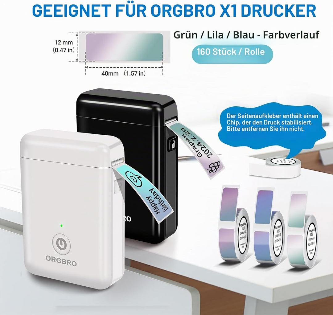 ORGBRO 3 Rollen Farbverlauf Etikettenband 1,2x4cm 480 Etiketten für ORGBRO X1 Tragbare Etikettiermas
