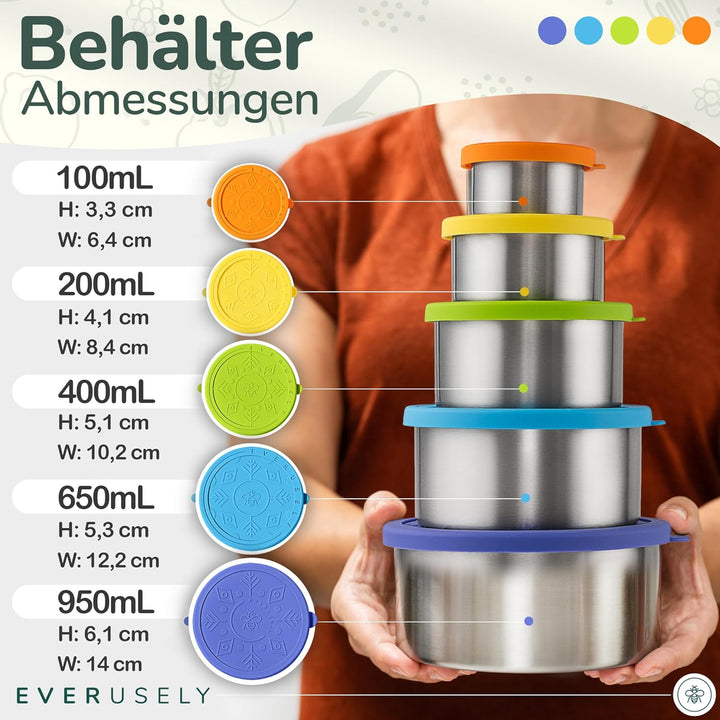 Everusely - Edelstahlbehälter mit Deckel - 5er-Set, Sommerkollektion - Auslaufsichere Edelstahl-Lebe