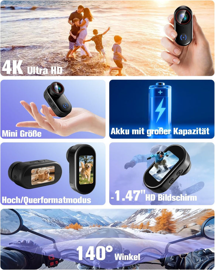 Action Cam 4k, WiFi Bodycam Mini Körperkamera Actionkamera 120° Weitwinkel, Helmkamera Motorrad 150