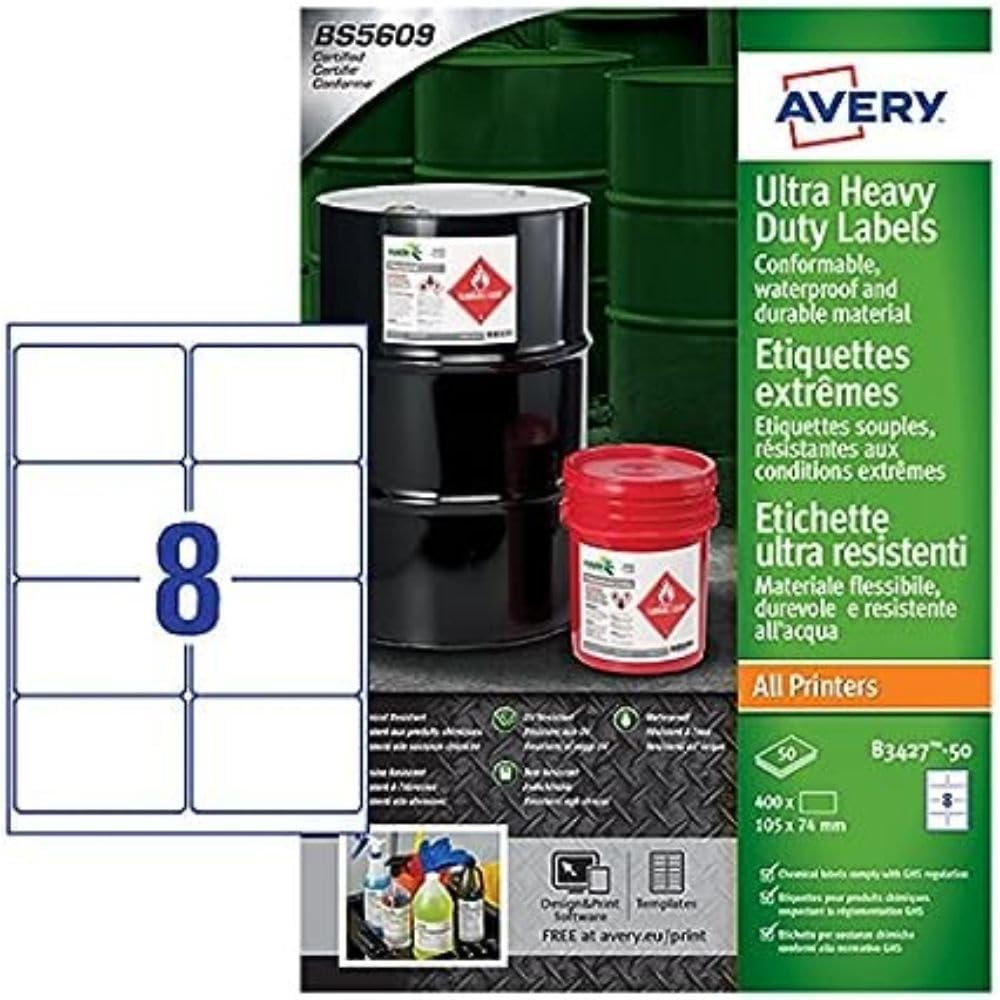 Avery B3427–50 A4 Ultra robuste Wasserdicht GHS Etiketten, bs5609 zertifiziert, für alle Drucker, 10
