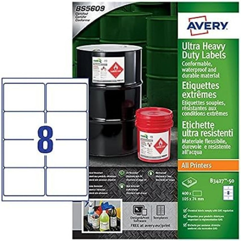 Avery B3427–50 A4 Ultra robuste Wasserdicht GHS Etiketten, bs5609 zertifiziert, für alle Drucker, 10