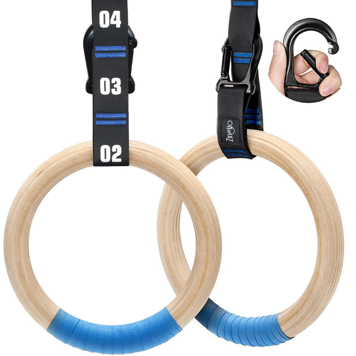 Zingtto Wooden Gymnastics Rings with Adjustable Numbered Straps Olympic Rings, 1.25'' or 1.1" Gym Ri