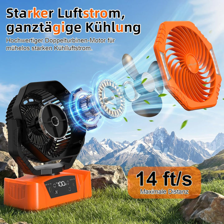ELZO 20000mAh Camping Ventilator, Wiederaufladbarer Tischventilator USB Ventilator mit LED Licht & H