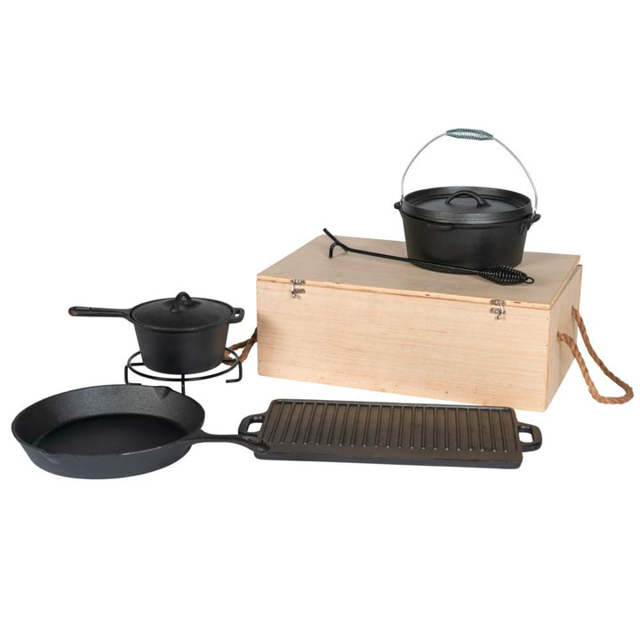 Dutch-Oven-Set 7-teilig aus Gusseisen in Holzkiste