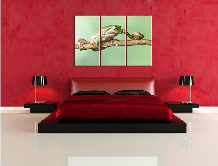 Pixxprint der Frosch und die Schnecke als Leinwandbild/Grösse: 3Teilig / Wandbild/Kunstdruck/fertig