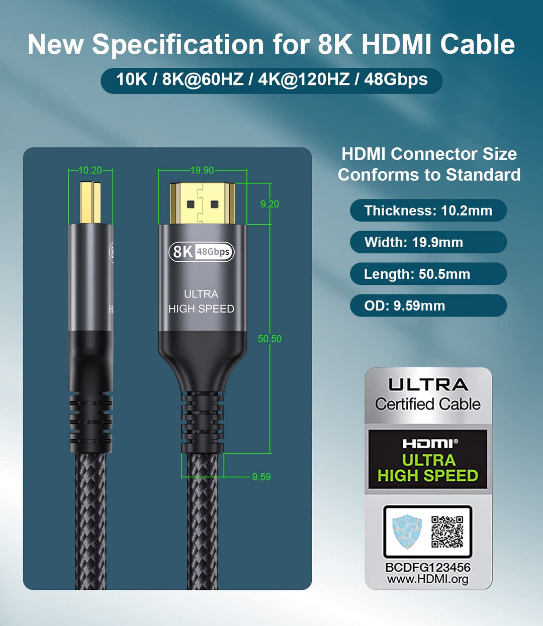 Zertifiziertes 10K 8K HDMI 2.1 Kabel 2.5M, 48Gbps Ultra High Speed HDMI® Kabel Ethernet CEC 4K 240Hz