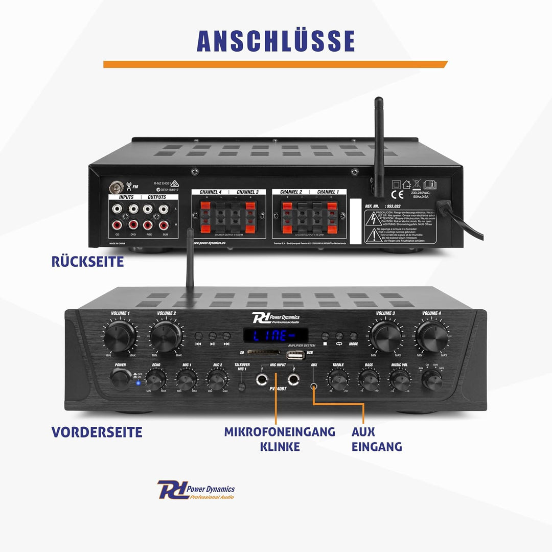 Power Dynamics PV240BT - 4 Kanal Stereo Verstärker Bluetooth, 400 Watt Amplifier Hifi Receiver, Fern
