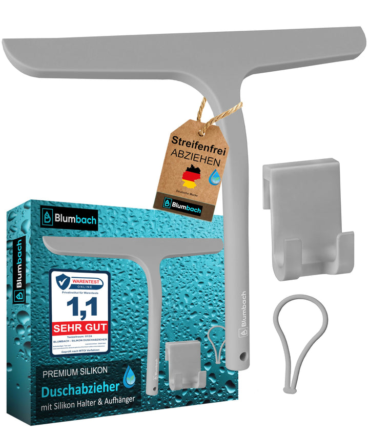 BLUMBACH® Duschkabinenabzieher grau, Duschabzieher mit Halterung 28 cm breit, Silikon Abzieher mit E