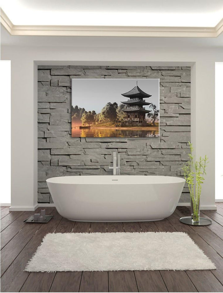 Pixxprint asiatischer Tempel an See als Leinwandbild/Grösse: 100x70 cm/Wandbild/Kunstdruck/fertig be