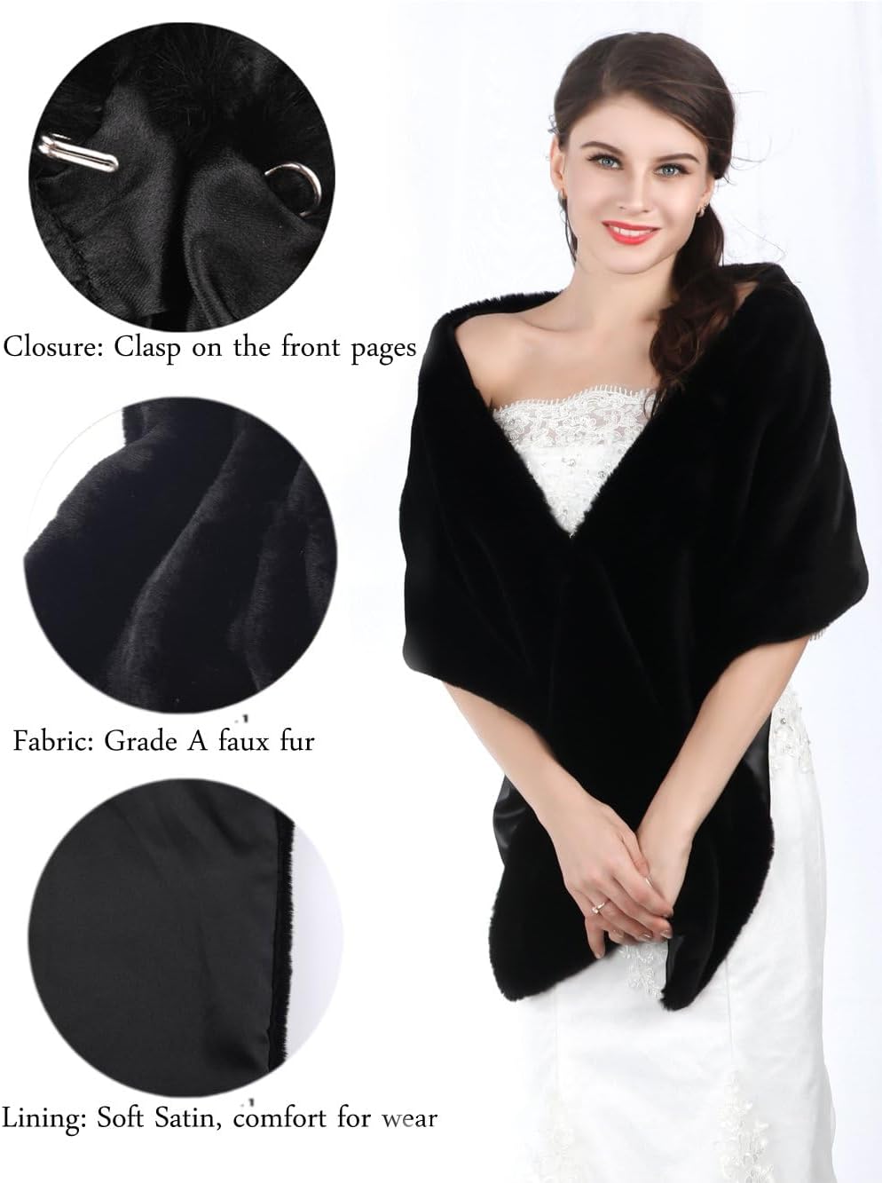 Frauen 1920 Braut Hochzeit Kunstpelz Schal Wrap Schwarz Braut Pelz Schal Stola Fur Wraps und Tücher