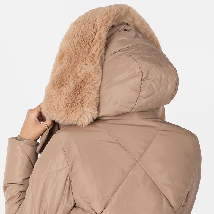Women's Winter Jacket Ladies Coat Puffer Removable Faux Fur Hood Pockets Quilted Padded Longline Puf
