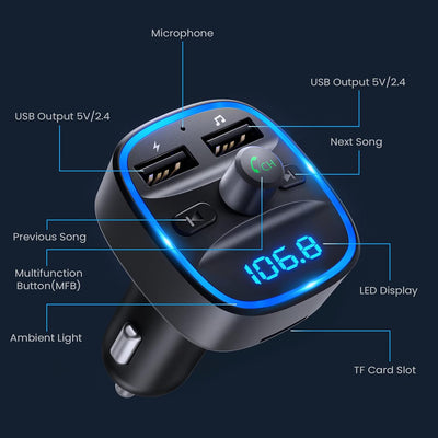 LENCENT FM Transmitter Bluetooth Auto Adapter, Bluetooth Transmitter, KFZ Radio Adapter mit Dual USB