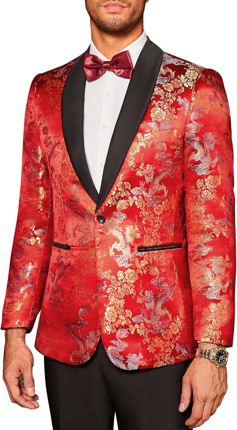 Coofandy Men's Floral Tuxedo Jacket Luxury Embroidered Suit Wedding Blazer Dinner Tuxedo for Party R